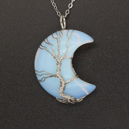 Cross-Border New Handmade Necklace Jewelry Moon Natural Crystal Stone Tree Of Life Jewelry Pendant Necklace Accessories